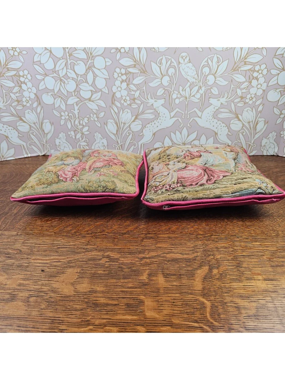 Pair Vintage French Country Tapestry Pillows Pastoral Courting Scenes Pink